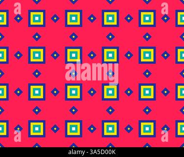 Ein lebendiges geometrisches Muster mit abwechselnden Quadraten und Diamanten in Grün, Gelb und Blau auf einem hellrosa Hintergrund. Stockfoto