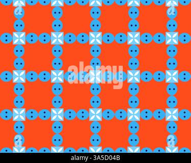 Ein lebendiges geometrisches Muster mit abwechselnden roten und blauen Quadraten mit runden und kreuzförmigen Motiven. Die Konstruktion ist symmetrisch und erzeugt eine Darstellung Stockfoto