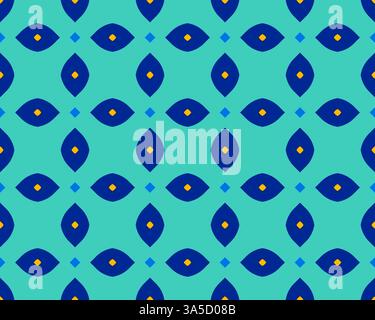 Ein nahtloses geometrisches Muster mit blauen Diamantformen auf blauem Hintergrund mit kleinen gelben Diamantakzenten in der Mitte jeder blauen Form. Stockfoto