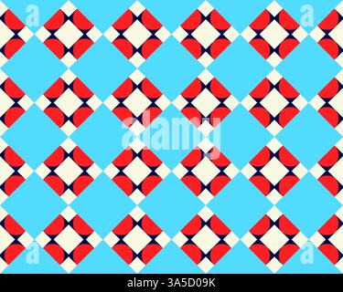 Dieses nahtlose Muster zeigt ein lebendiges geometrisches Design mit ineinander greifenden Formen in Rot, weiß und Blau, perfekt für Textilien oder Hintergründe. Stockfoto