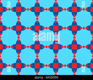 Dieses nahtlose Muster zeichnet sich durch ein sich wiederholendes Design geometrischer Formen in leuchtendem Blau, Rot und Marineblau aus, das für verschiedene Anwendungen geeignet ist. Stockfoto