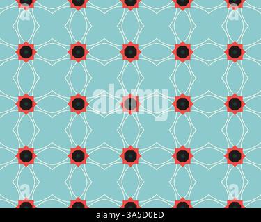 Farbenfrohes, nahtloses Muster zeigt stilisierte rote und schwarze Blumen, die mit zarten weißen Linien auf einem sanften blauen Hintergrund verwoben sind. Stockfoto