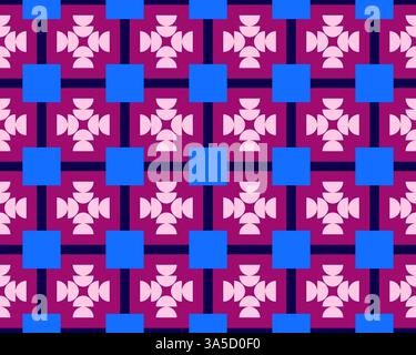 Dieses nahtlose Muster zeigt ein sich wiederholendes Design geometrischer Formen in hellen Farben, perfekt für Textilien oder digitale Hintergründe. Stockfoto