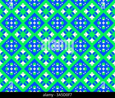 Lebendige geometrische Formen bilden ein nahtloses Muster mit blauen und grünen Diamanten und weißen Blumenmustern, ideal für Textilien und Tapeten. Stockfoto