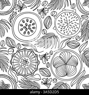 Tropisches nahtloses Muster mit Früchten und Blättern im Doodle-Stil Stock Vektor