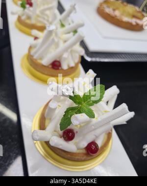 Verschiedene Gebäckstücke sind wunderschön mit cremigen Belägen, dekorativen Elementen und frischen Minzblättern angeordnet. Stockfoto