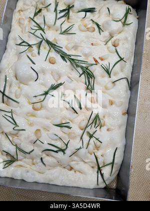 Frisch zubereitetes Focaccia-Brot mit Rosmarin- und Pinienkernen ist fertig zum Backen und zeigt die Zutaten und den Zubereitungsstil. Stockfoto