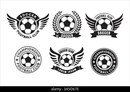 Logo-Design des monochromen Fußballklubs mit Wings- und Lorbeerelementen. Sie repräsentieren die Teammeisterschaft und das Thema des Teams. Stock Vektor
