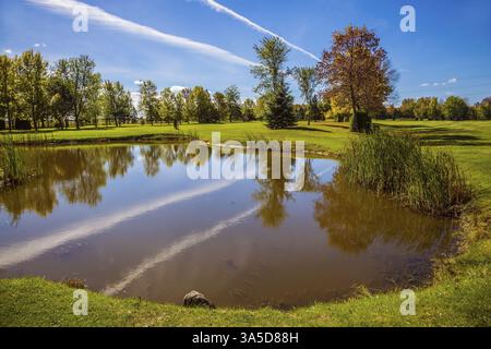 Rot-grünes Herbstlaub spiegelt sich in einem kleinen Teich mit Lehmboden wider. Strahlender sonniger Tag in Französisch-Kanada. Das Konzept des Freizeittourismus Stockfoto