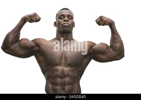 Attraktive Hunky schwarzen männlichen Bodybuilder Bodybuilding Pose auf weißem Hintergrund zu tun Stockfoto