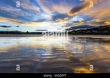 Sanfte, raffinierte Wolkenfarben spiegeln sich im Meereswasser wider. Sonnenuntergang über dem Meer. Die Kunst der künstlerischen Fotografie. Neuseeland, Pazifikküste. Das c Stockfoto