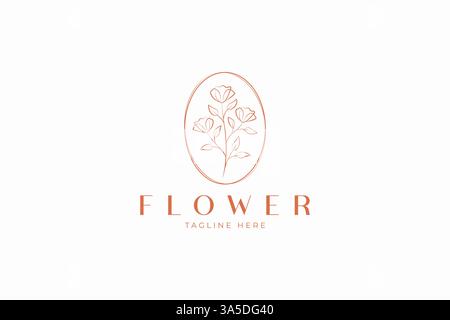 Logo Blume minimalistischer handgezeichneter Stil mit ovalem Rahmen-Ornament-Symbol Stock Vektor
