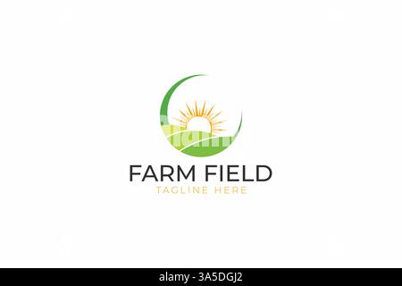 Bauernhof Feld Morgen Sonnenaufgang Abstrakte Illustration Logo-Etikett Stock Vektor