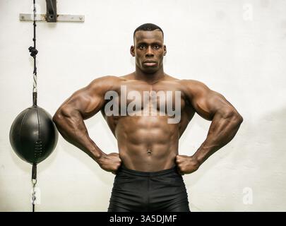 Attraktive Hunky schwarzen männlichen Bodybuilder Bodybuilding Pose im Fitness-Studio zu tun Stockfoto