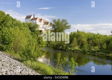 Schloss und Zwickauer Mulde, Colditz, Sachsen, Deutschland, Europa Stockfoto