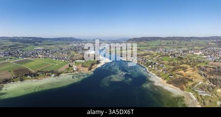 Luftaufnahme, Panorama des Bodensees, Untersee, auch Rheinsee genannt, bei Ebbe, der bei Stein am Rhein in den Rhein mündet, auf der rechten Seite Stockfoto