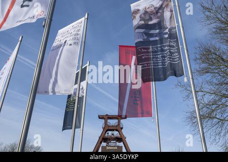Doppelbock, Fahnen davor, Schacht XII, Kohlebergwerk Zollverein, UNESCO-Weltkulturerbe, Essen, Ruhrgebiet, Nort Stockfoto