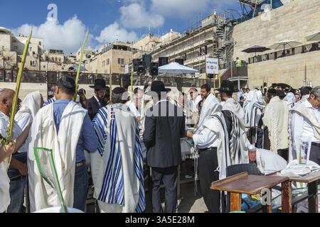 JERUSALEM, ISRAEL - 12. OKTOBER 2014: Morning Herbstsukkot. Eine Menge jüdischer Anbeter in weiß, die Gebetschals tragen. Das Gebiet der Westmauer von Te Stockfoto