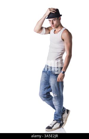 Hip Hop Tänzer zeigen einige Bewegungen in weißem Hintergrund Stockfoto