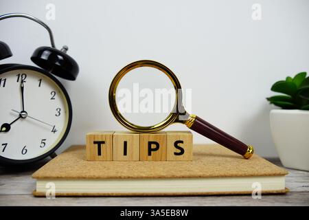 Lupe und Wecker mit Holzblöcken Alphabet Buchstaben TIPPS Textnachricht auf hölzernem Hintergrund Stockfoto