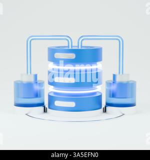 3D-Symbol des Datenbankservers, der mit dem Netzwerk verbunden ist. Stockfoto