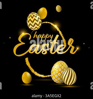 Frohe Ostern-Karte mit goldenen ostereiern. Das Poster mit dem goldenen Text Happy Easter auf schwarzem Hintergrund. Vektor Stock Vektor