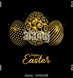 Frohe Ostern-Karte mit goldenem osterei. Das Poster mit dem goldenen Text Happy Easter auf schwarzem Hintergrund. Vektor Stock Vektor