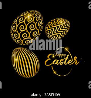 Frohe Ostern-Karte mit goldenen ostereiern. Das Poster mit dem goldenen Text Happy Easter auf schwarzem Hintergrund. Vektor Stock Vektor