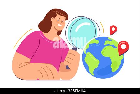 Durchsuchen Sie das Internet weltweit. Benutzer mit Lupe sieht auf den Planeten Erde, um Informationen zu finden. Web-Konzept Stock Vektor