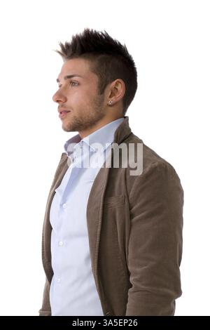 Hübscher junger Mann Porträt, isoliert auf weiss, Profil Position stehend Stockfoto