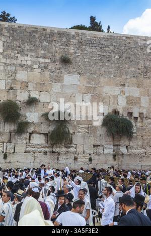 JERUSALEM, ISRAEL - 12. OKTOBER 2014: Morning Herbstsukkot. Eine Menge jüdischer Anbeter in weiß, die Gebetschals tragen. Das Gebiet der Westmauer von Te Stockfoto