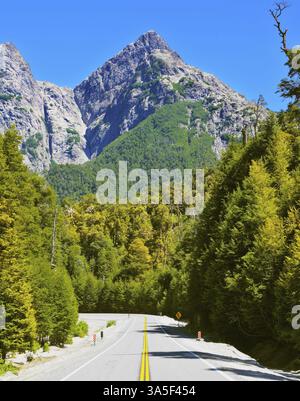 Straßenrand bedeckt mit weißer vulkanischer Asche, die nach der Eruption Pueue verbleibt. Autobahn in den Bergen des argentinischen Patagoniens Stockfoto
