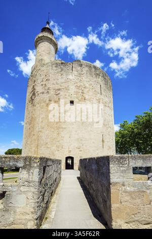 Der historische Turm von Konstanz. Antike Mauern des mittelalterlichen Hafens von Aigues-Mortes. Mittelmeerküste von Frankreich. Das Konzept des aktiven, historischen Stockfoto
