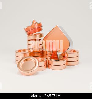 3D-Symbol des Pik-Anzug-Symbols auf einem Stapel Goldmünzen, das die Spielkarte des Casinos darstellt. Stockfoto