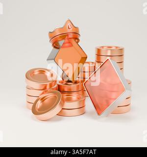 3D-Symbol des Diamantanzugs auf einem Stapel Goldmünzen, das die Spielkarte des Casinos darstellt. Stockfoto