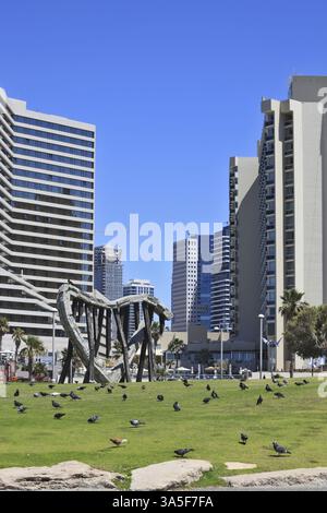 TEL AVIV, ISRAEL - 2. MAI 2014: Wunderschöne Tel Aviv Promenade. Auf dem grünen Rasen vor dem Hotel laufen Taubenschwärme Stockfoto