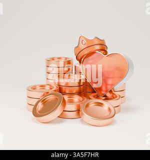 3D-Symbol des Herzanzugs auf einem Stapel goldener Münzen, die die Spielkarte des Casinos darstellen. Stockfoto