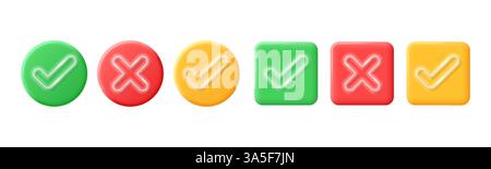 Realistische Schaltflächen rechts und falsch im 3D-Stil mit Neonelementen. Set aus glänzenden runden und quadratischen Symbolen mit Häkchen, Kreuzzeichen, Symbolen o Stock Vektor