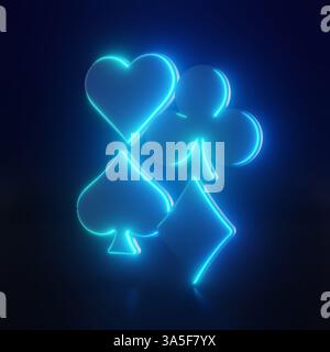 3D-Neon-ähnliche Symbole aus Herzen, Pik, Schlägern und Diamanten in leuchtend blauen Farben, die als Spielkartensymbole im Casino entworfen wurden. Stockfoto