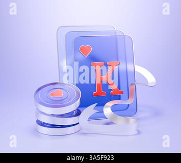 3D-Symbol einer durchscheinenden violetten Pokerkarte mit dem Buchstaben K of Heart, neben einem Stapel Casino-Chips und -Band. Stockfoto