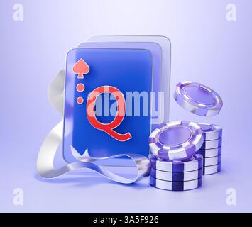 3D-Symbol einer durchscheinenden violetten Poker-Karte mit dem Buchstaben Q der Pik, platziert neben einem Stapel von Casino-Chips, die Casino-Glücksspiel darstellen. Stockfoto