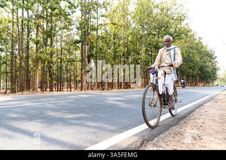 Alter Mann, Radfahrer auf einer wunderschönen Landstraße durch die malerische Baumallee in der Nähe von Bhubaneswar in Odisha Indien Stockfoto