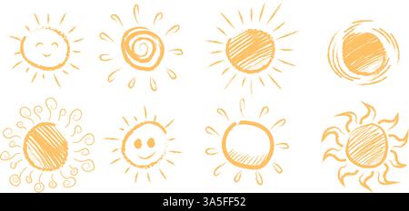 Sun Collection Doodles Vektor-Illustration. Symbol für Umweltschutz Stock Vektor