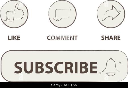 Symbolsymbole „gefällt mir“, „Kommentieren“, „Teilen“ und „Abonnieren“ Vektorillustration. Sammlung handgezeichneter Designelemente für Videokanäle, Blogs und soziale Medien Stock Vektor