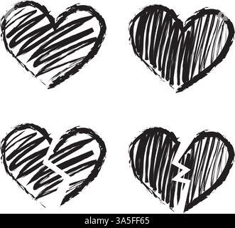 Vektor-Herz-Skizze Kritzelillustration Set mit gebrochener Herzform. Schwarz-weiß-Schwarzweiß-Kollektion Stock Vektor