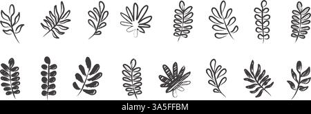 Vektor-Illustration der Natur Blätter Doodle Vektor Sammlung. Monochrome Symbole auf weißem Hintergrund Stock Vektor