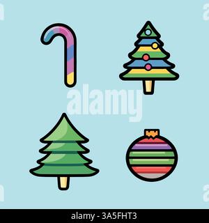 Festliche Ikonen mit einem herrlichen Zuckerrohr, fröhlichen Bäumen und einem exquisiten Ornament, um die Weihnachtsstimmung zu verbreiten Stock Vektor