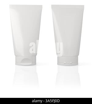 Leere weiße Kunststoffröhrchen auf Vorder- und Rückseite für Creme, Gel und Zahnpasta isoliert auf weißem Hintergrund. Stockfoto
