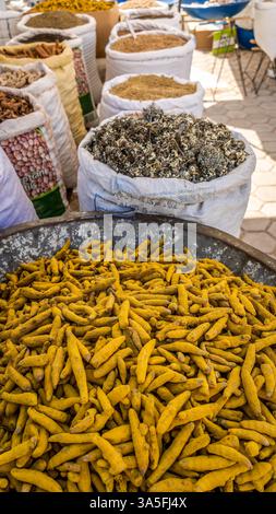 Lebendige Säcke mit Gewürzen, einschließlich Kurkuma-Wurzeln, Zimtstangen und getrocknete Kräuter, auf dem Douz Market, Tunesien Stockfoto