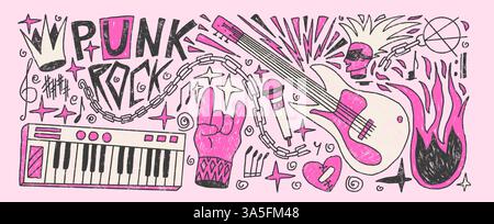 Rock-and-Roll-Musik mädchenhafte Buntstifte gezeichnet Set. Punk Festival Doodle Hintergrund. Scribble Grunge Musik Konzert Flyer Elemente. Gitarre, elektronisches Klavier ho Stock Vektor